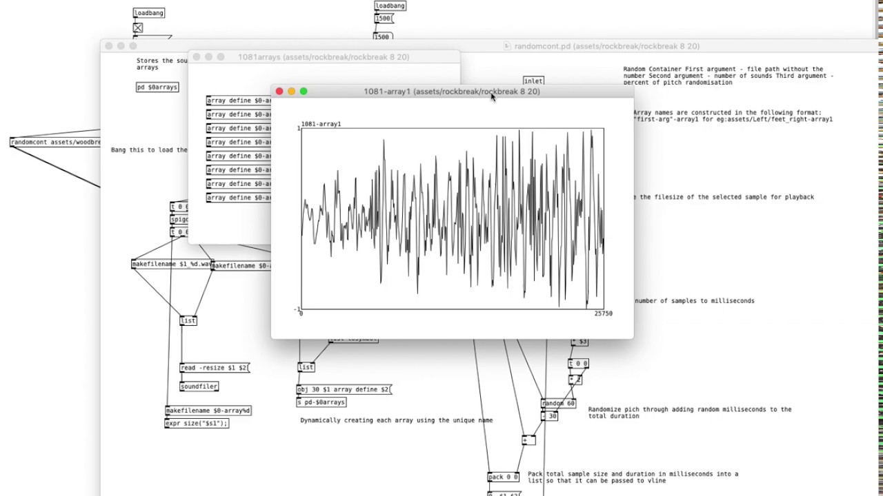 Pure Data Random Container patch with a sample waveform